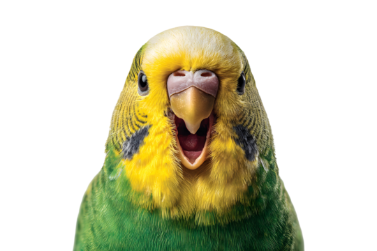 Cute yellow green budgie bird with open beak isolated on transparent background