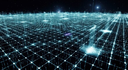 A vast illuminated grid of interconnected lines and glowing nodes stretches across a dark star-filled space Bright light clusters and vertical beams rise from the grid