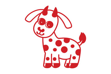 Cartoonish red and white goat has spots and smiles on a white background