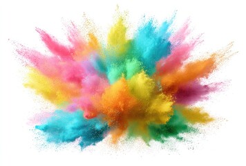 Vibrant explosion of colorful powder creates a dynamic burst against a clean white background, suggesting energy and vibrancy