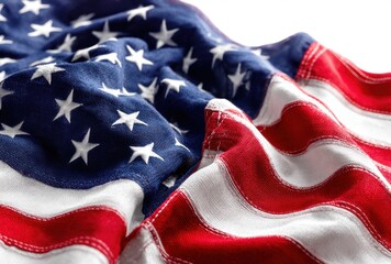 Crumpled fabric of an American flag with star field and red and white stripes against a white background