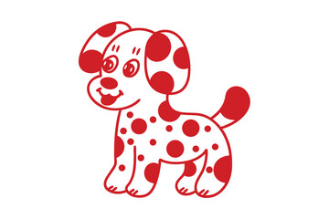 Fototapeta premium Cartoonish red dog with white face featuring polka dots stands happily on a white background