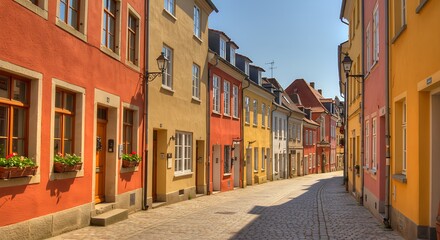 A narrow, cobblestone street lined with colorful, historic buildings.
