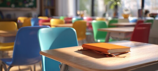 The Orange Notebook on a Sunlit Classroom Desk with Colorful Chairs