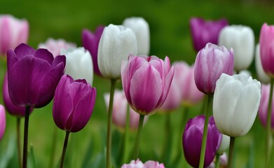 Obraz premium Colorful tulips bloom in a garden. Purple, pink, and white flowers on tall green stems create a vibrant and refreshing outdoor setting