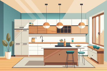 Stylish modern kitchen interior featuring white cabinets, wooden panel accents, bar stools, and a sleek countertop. Large windows allow natural sunlight to brighten the space, complemented by indoor g