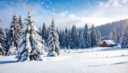 Fototapeta premium Snowy mountain landscape with a cozy cabin