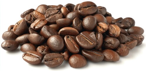 A pile of roasted coffee beans, showing their rich brown color and textured surfaces against a stark white background