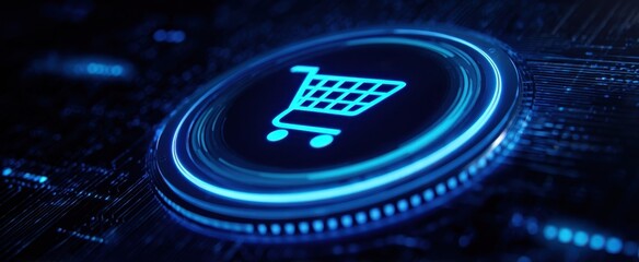 The shopping cart icon glowing on a futuristic blue digital circuit board interface
