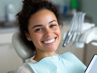Happy young woman using tablet in dentist's office