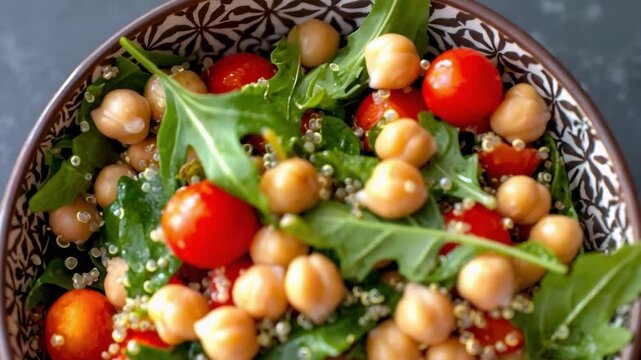 A colorful chickpea and quinoa salad with arugula and cherry tomatoes in a patterned bowl.