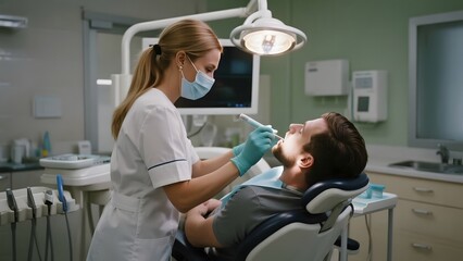 Dental hygienist examining a patient's teeth in a modern clinic setting.