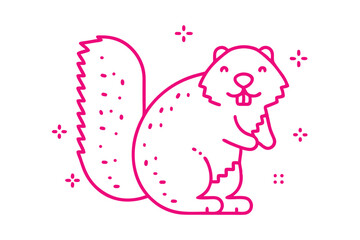 Charming magenta squirrel smiles cheerfully in a minimal outline with dots scattered around on white
