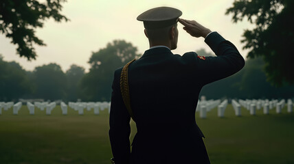 Military saluting among white crosses military cemetery Veterans Day USA