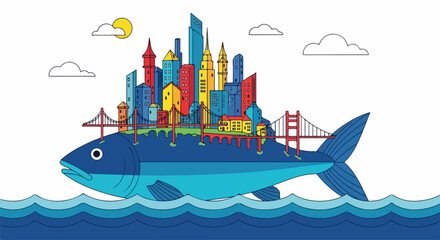 Obraz premium Floating city concept with colorful buildings riding on a fish. This floating city surreal scene depicts city buildings on top of large fish, along with suspension bridges, sun, clouds and waves.