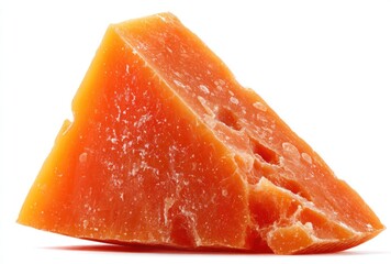 Wedge of orange cheese, with uneven texture, on a white background, creating a triangular form shadow
