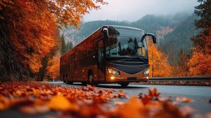 A bus drives through a picturesque autumn landscape, surrounded by vibrant orange and yellow foliage against a mountainous backdrop.