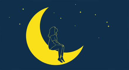 Naklejka premium Solitary figure on moon contemplating starry night, solitary figure is lost in thought. Concept solitary figure reflecting under moonlight provides an image of a person who is lonely.