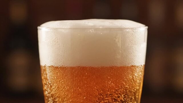 A refreshing glass of beer being poured with bubbles and foam in a brightly lit bar setting capturing the moment