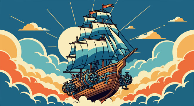 Steampunk ship sailing through clouds with sails and a steam engine, steampunk ship gliding in the sky with fantastical design and intricate details. Using steampunk ship art for fantasy book cover,