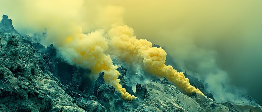 Alien volcanic landscape with bright yellow sulfur fumaroles venting toxic gas plumes amidst stark grey rock formations geothermal activity surreal scene - Powered by Adobe