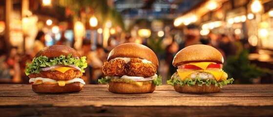 The Burgers Three Gourmet Creations on a Rustic Wooden Table in a Busy Restaurant