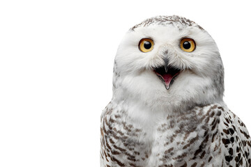 Fototapeta premium Snowy owl with wide open eyes and surprised expression isolated on transparent background