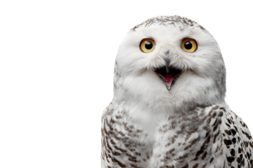 Snowy owl with wide open eyes and surprised expression isolated on transparent background
