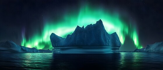 Large tabular iceberg surrounded by smaller ice pieces under a vibrant green curtain of aurora borealis northern lights stretching across starry sky beauty (Travel)