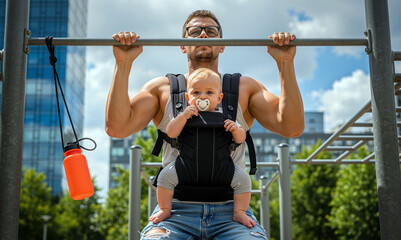 Strong Father Doing Pull-ups with His Baby in a Carrier