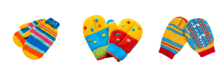 Colorful knit mittens collection on transparent background fun winter fashion studio view