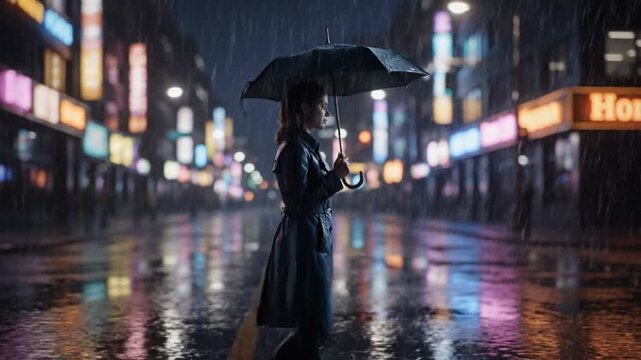 Woman strolling gracefully under a colorful umbrella while walking through a rainy urban street in a vibrant atmosphere