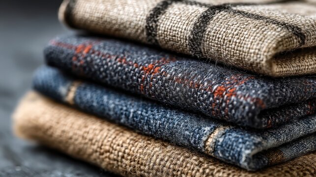 A stack of textured fabrics in neutral colors, showcasing intricate patterns and natural fibers, ideal for textile enthusiasts and interior design inspiration.