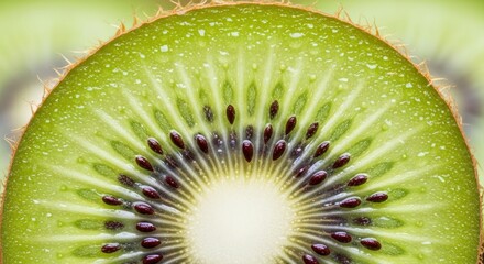A vibrant close-up half-slice of a green fruit reveals its radial seed pattern and fuzzy edge with a bright pale core