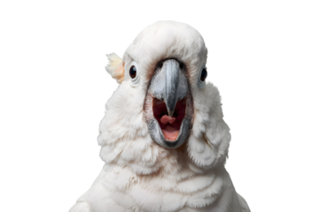 Funny white cockatoo with expressive face and open beak isolated on transparent background