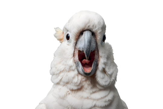 Funny white cockatoo with expressive face and open beak isolated on transparent background