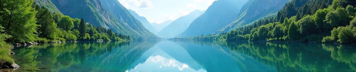 Fototapeta premium Serene mountain lake reflecting the surrounding peaks, clear blue water, lush green trees, calm surface, idyllic scenery, perfect summer day , clouds, peaceful, fauna