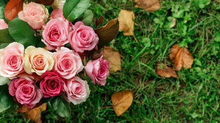 Bouquet of pink roses with green leaves on grass strewn with fallen brown leaves