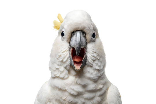 Funny white cockatoo with expressive face and open beak isolated on transparent background