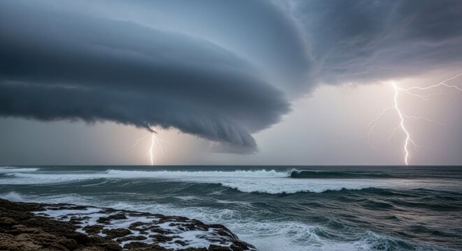 Ocean storm Lightning streaks from a shelf cloud over waves crashing onto a rocky shore, ominous sky
