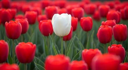 Stunning white tulip stands out vibrantly amongst a field of lush red blossoms, symbolizing uniqueness and individuality in nature's beautiful display.