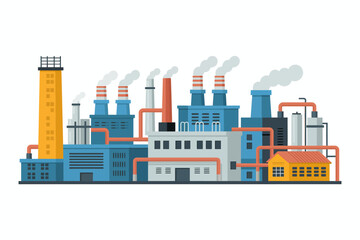 Obraz premium Cartoon Industrial Factory Building with Chimneys and Pipes Isolated on White Background Representing Manufacturing and Environmental Impact