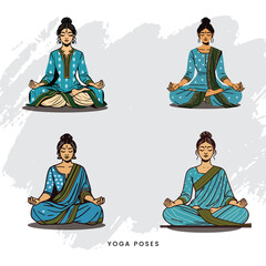 Elegant yoga posture by woman in saree and kurti, pastel design, cultural and spiritual fitness concept.