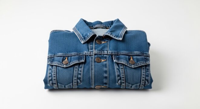 A neatly folded denim jacket sits centered on a white background. The classic jacket, complete with buttons and pockets, is viewed from above