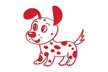 Cheerful cartoon dog with white fur and red spots is playfully standing