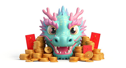 Colorful Chinese dragon head surrounded by gold coins and red envelopes on white background
