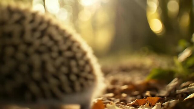 Close-up of a tiny hedgehog on a leaf-covered forest floor, sunlight filtering through the trees.