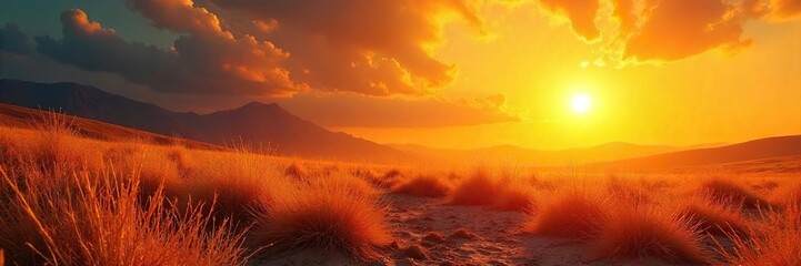 Obraz premium Intense heat radiating from a sun-baked field of dry grass, shimmering air visible above the parched earth A landscape of summer drought and intense solar energy , flora, summer, hot