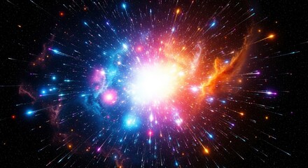 Obraz premium A vibrant cosmic explosion with bright white light at its center radiating numerous colorful streaks of light and surrounded by swirling blue and orange nebulas against a star-filled dark space