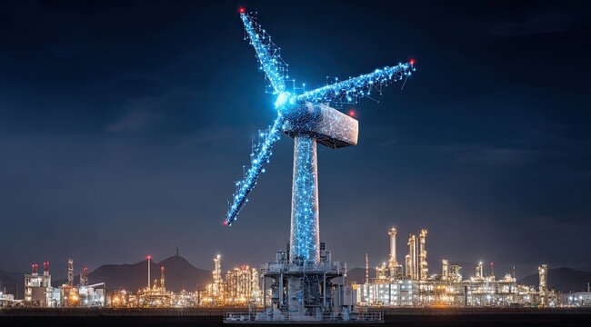 Futuristic wind turbine with digital network overlay, industrial complex background - Powered by Adobe